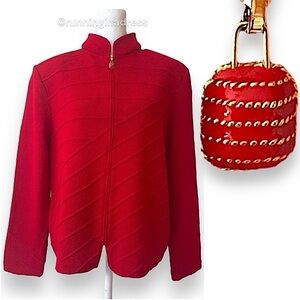 St. John Knits Garnet Red Wool Blend Santana Knit Tonal Stitched Jacket Size 12